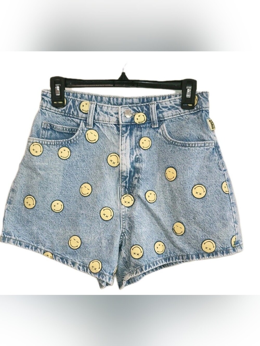 Women's Denim High Waist Shorts XS Primark Smiley World Face Happy Emoji